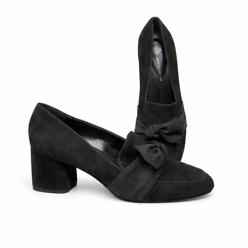 ANTONIO MELANI Woman’s Black Suede Sateen Bow Slip-on Chunky Block Loafer Heels